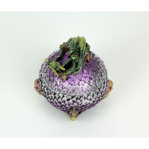 Hand Painted Green and Purple Sleeping Dragon On Egg Lidded Trinket Box - Picture 3 of 4